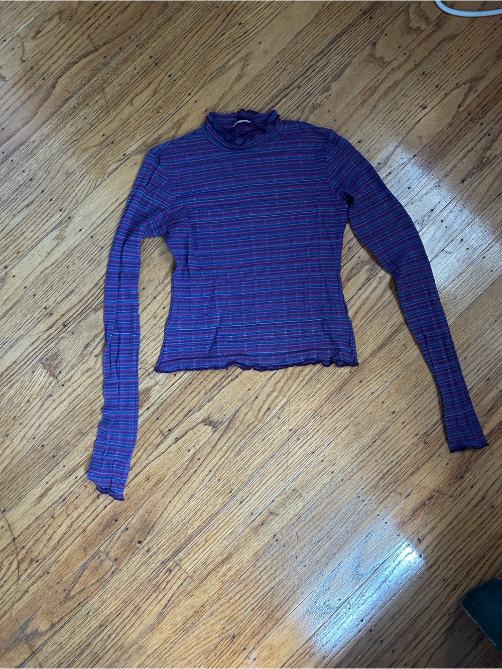 Free People Striped Long-Sleeve Mock Neck Top in Purple XS